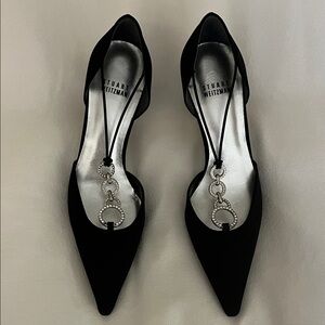 Stuart Weitzman Black Satin Heels with Silver and Rhinestone Accents